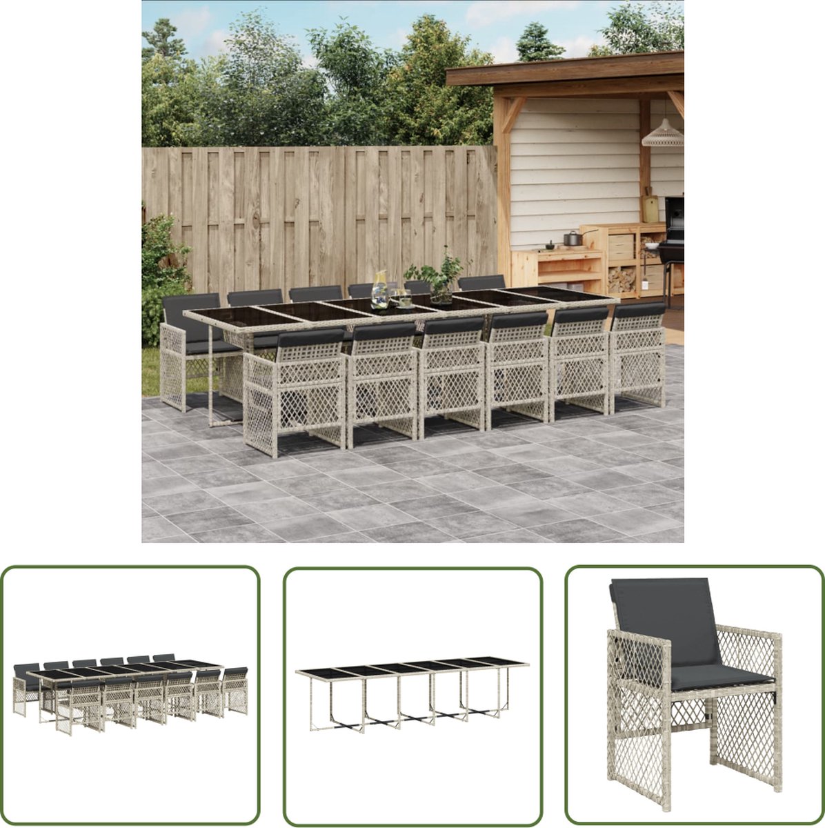 The Living Store 13-delige Tuinset met kussens poly rattan lichtgrijs - Tuinset - Buitendecoratie - Lounge Set - Eetkamerset - Garden Furniture