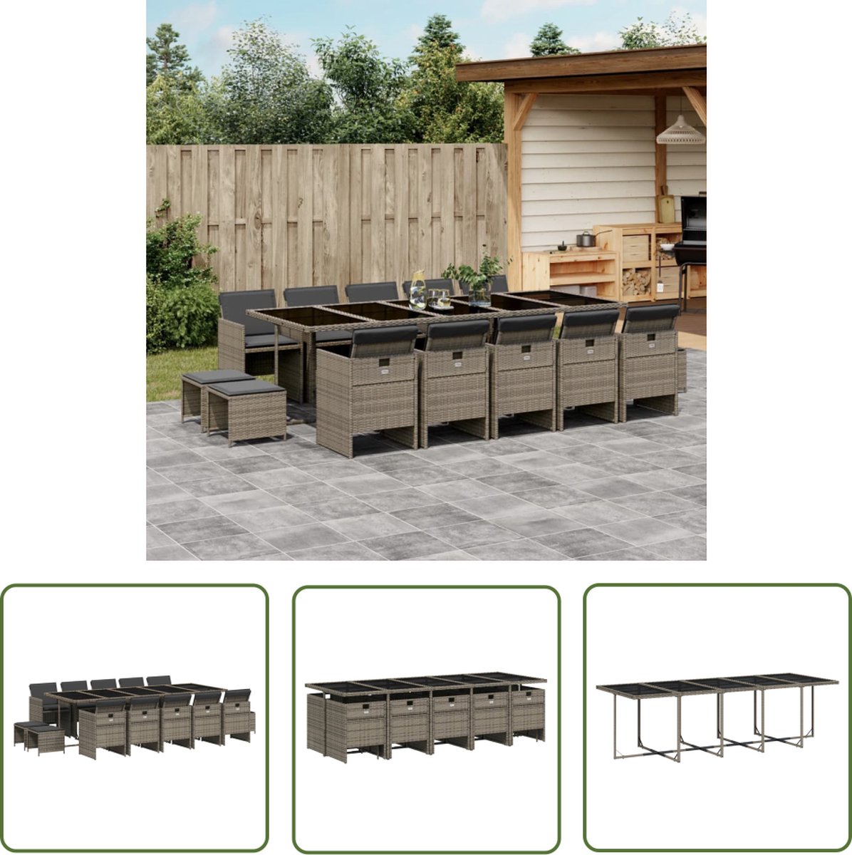 The Living Store 15-delige poly rattan tuinset in grijs met kussens.
