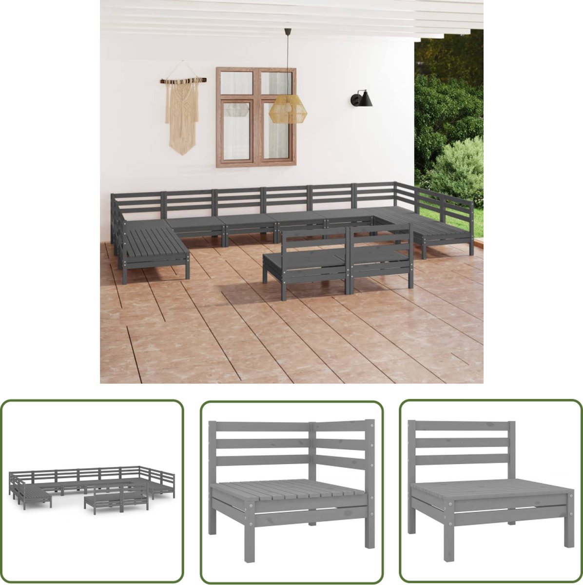 The Living Store 12-delige Loungeset massief grenenhout grijs - Loungeset - Tuinmeubilair - Hout - Grenenhout - Lounge Bank