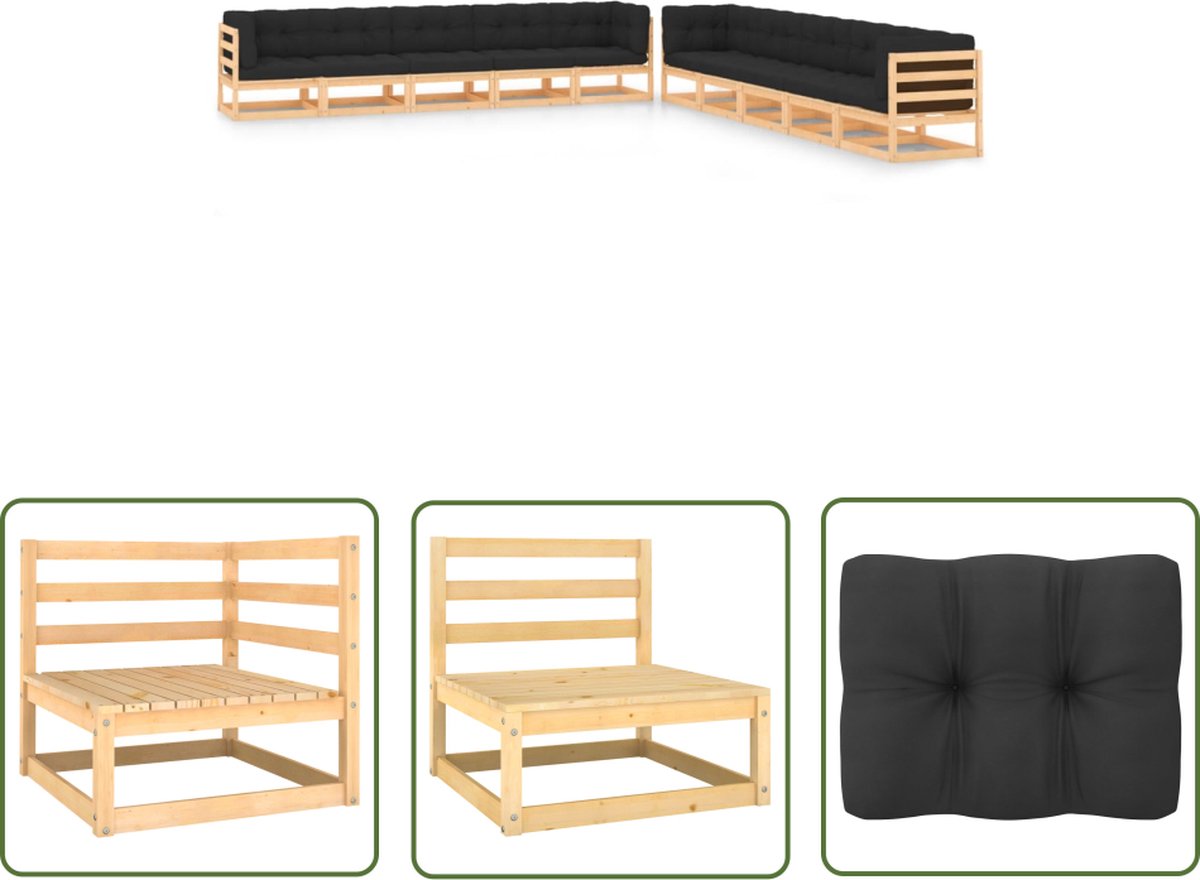 The Living Store 10-delige Loungeset met antracietkleurige kussens grenenhout - Loungeset - Tuinmeubilair - Pallets - Hout - Balkon