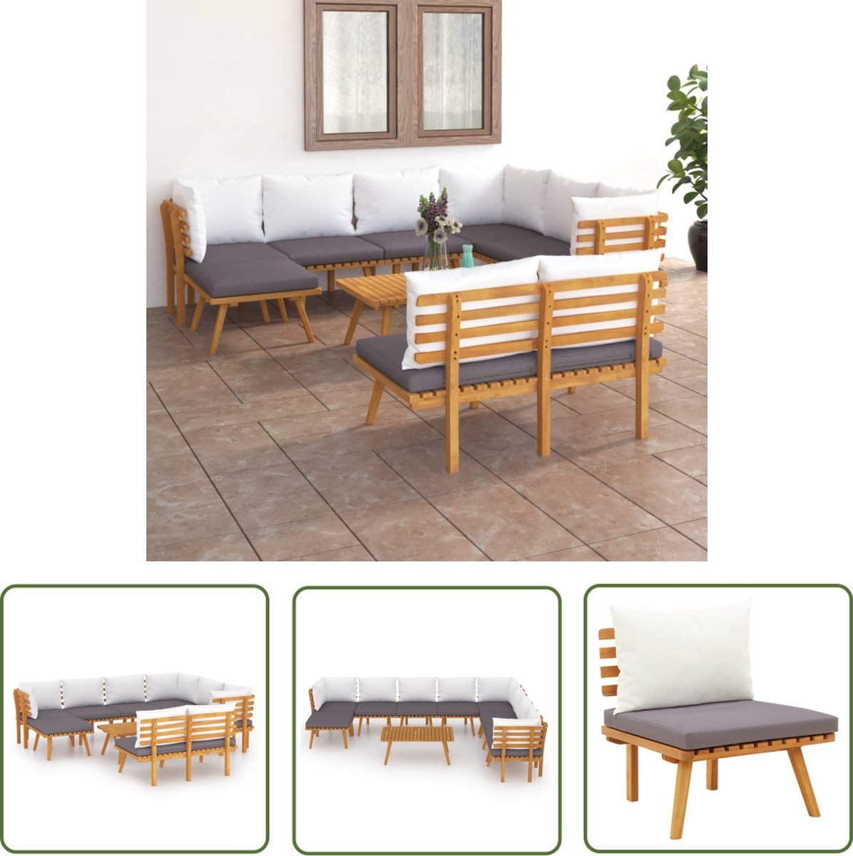 The Living Store 9-delige Loungeset met kussens massief acaciahout - Tuin Lounge Set - Loungestoel - Buis Stoffen - Acacia Hout - Outdoor Furniture