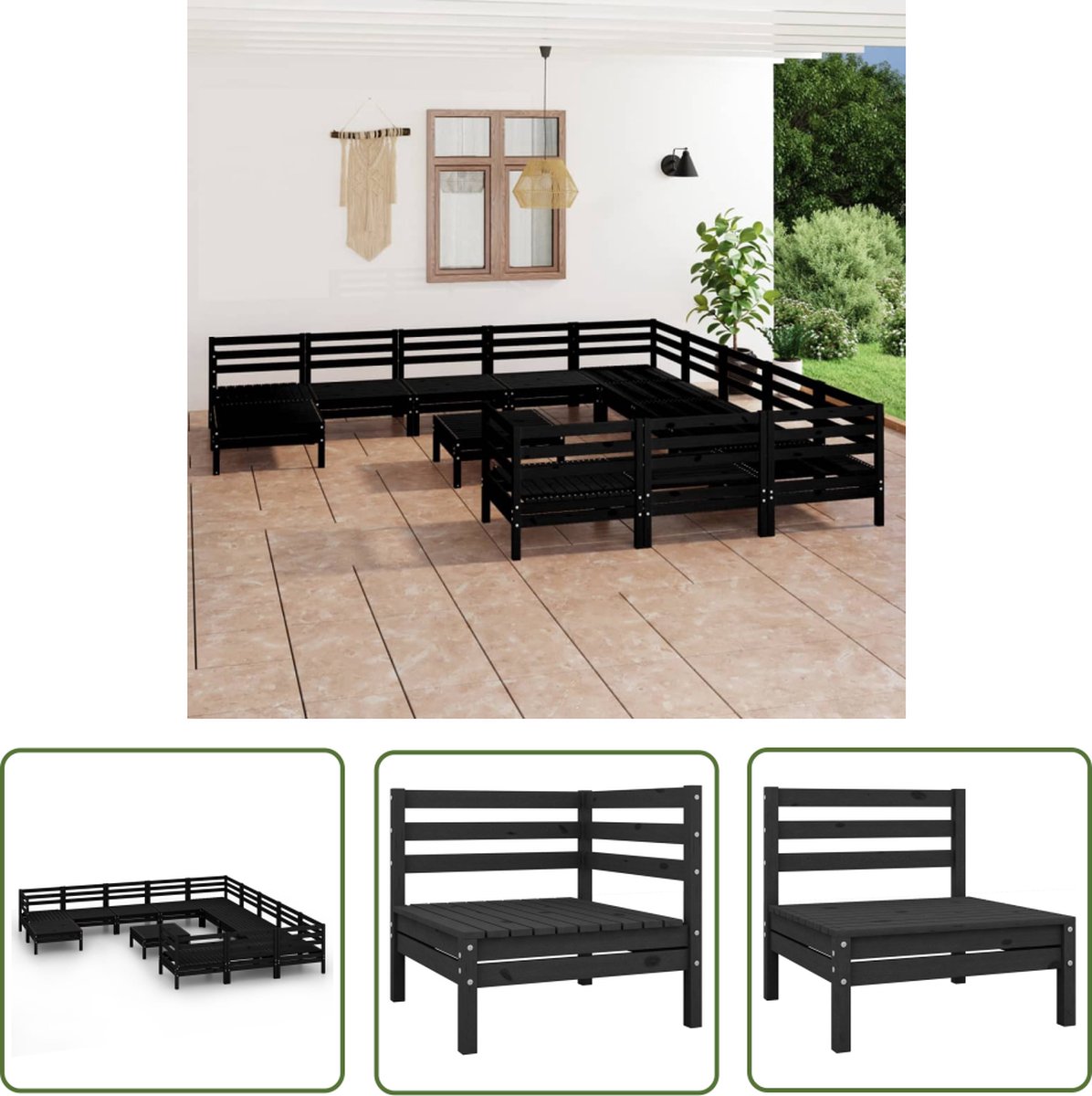 The Living Store 13-delige Loungeset massief grenenhout zwart - Tuinmeubilair - Lounge Set - Houten Bank - Buitendecoratie - Terrasmeubelen