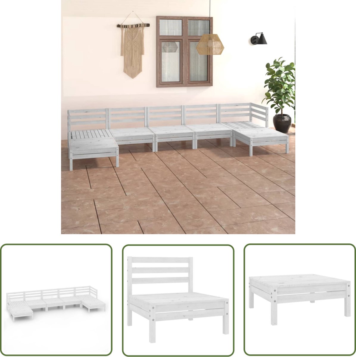 The Living Store 7-delige Loungeset massief grenenhout wit - Loungeset - Tuinset - Hout - Grenenhout - Lounge Tuinset van massief grenenhout in wit, 7-delig - The Living Store.