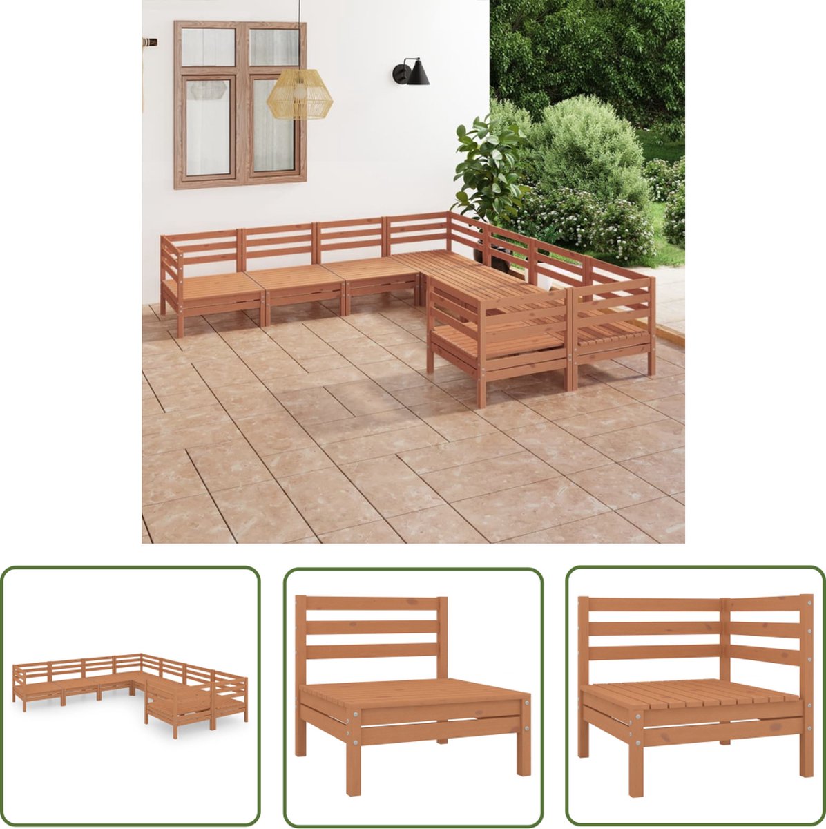 The Living Store 8-delige Loungeset massief grenenhout honingbruin - Houten Lounge Set - Tuinstoel - Buis Stoel - Loungebank - Teak Tafel