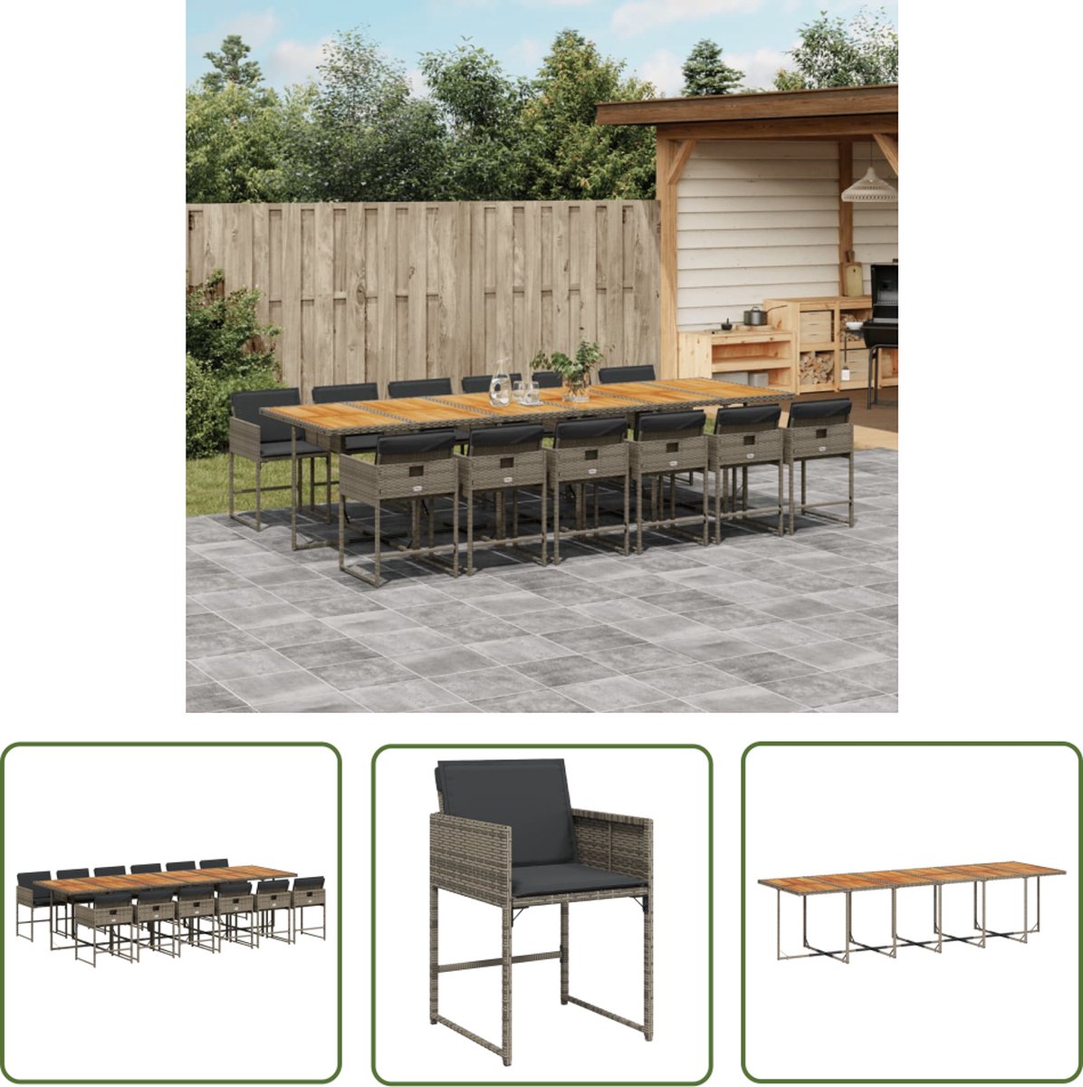 The Living Store 13-delige Tuinset met kussens poly rattan grijs - Tuinset - Buitenmeubel - Lounge Set - Eetkamerset - Patio Set