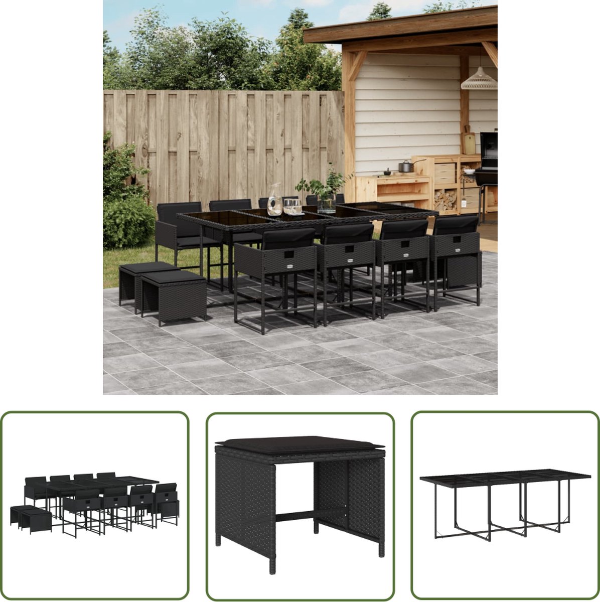 The Living Store 13-delige Tuinset met kussens poly rattan zwart - Tuinset - Buitentijd - Lounge Set - Eetkamerset - Poly Ratan