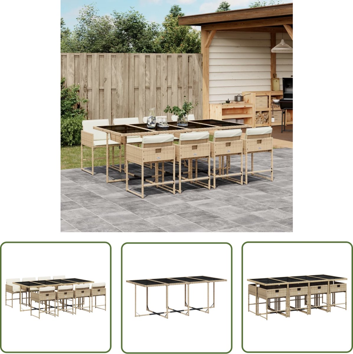 The Living Store 9-delige Tuinset met kussens poly rattan beige - Tuinset - Buitenmeubel - Lounge Set - Eetkamerset - Pe Rattan
