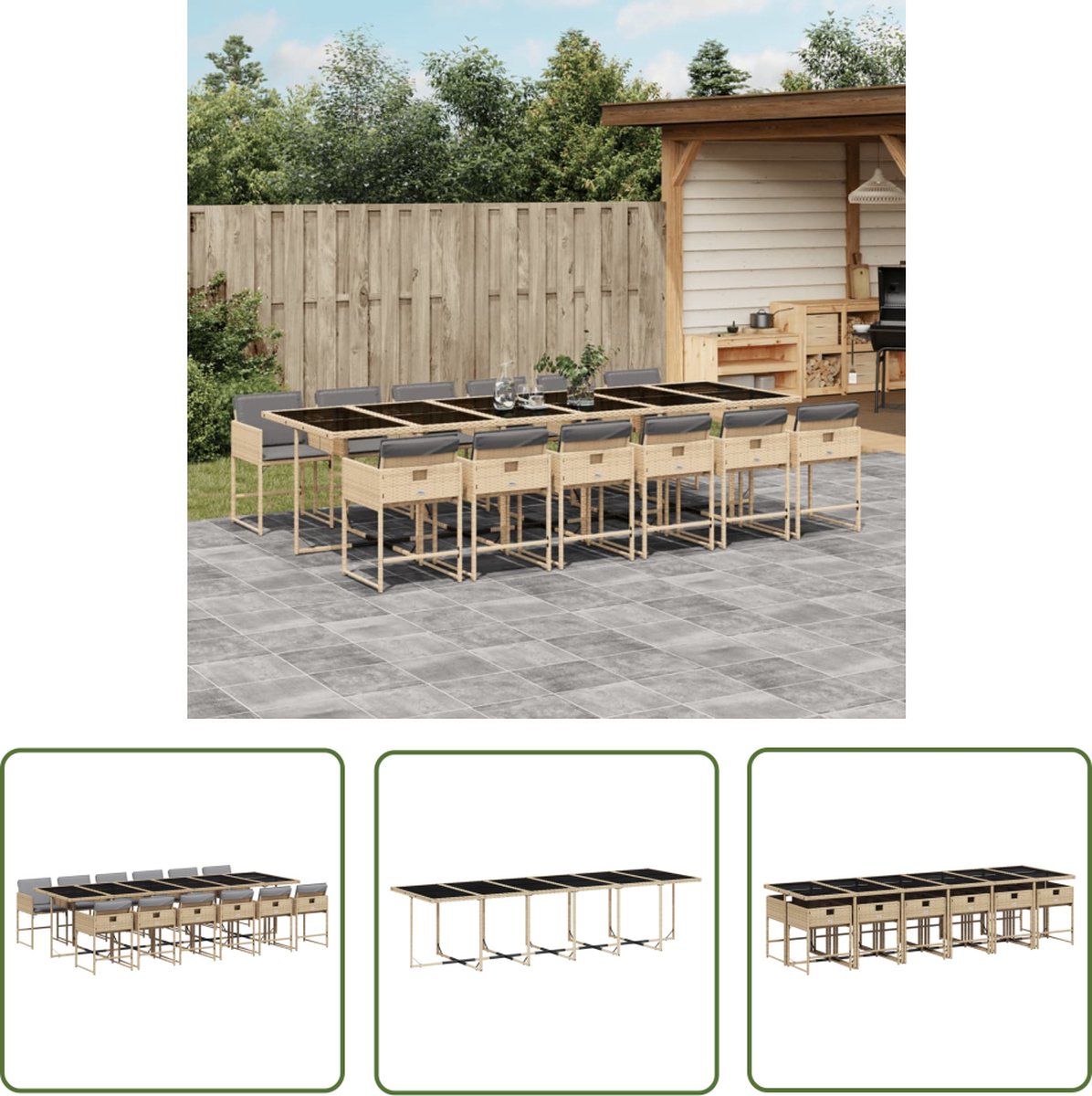 The Living Store 13-delige Tuinset met kussens poly rattan gemengd beige - Tuinset - Buitenmeubel - Eetkamer Set - Lounge Set - Patio Set