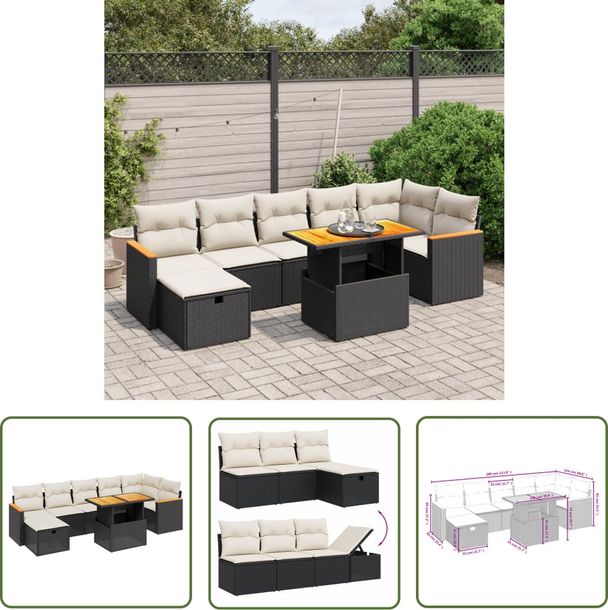 The Living Store 8-delige Loungeset met kussens poly rattan zwart - Loungebank - Lounge Set - Tuinlounge - Buitendining - Outdoor Furniture
