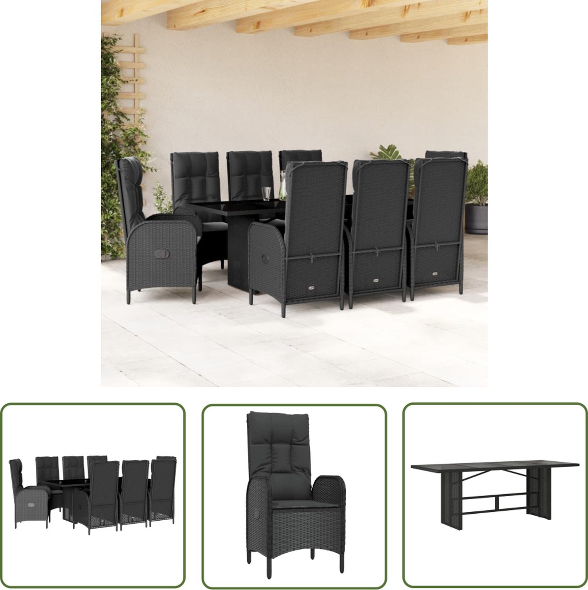 Zwarte poly rattan tuinset met 9-delige eetkamerset en lounge set.