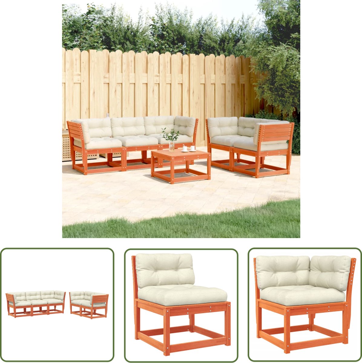 Massief grenenhouten loungeset met kussens in wasbruine kleur.