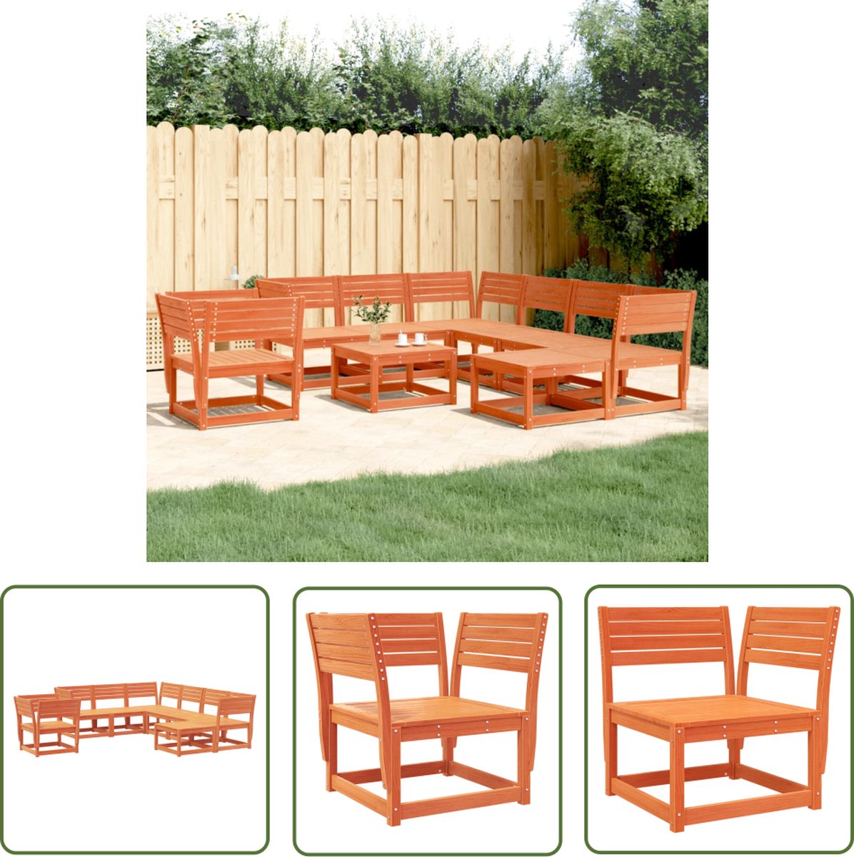 Massief grenenhouten loungeset in wasbruine kleur voor tuinontspanning.