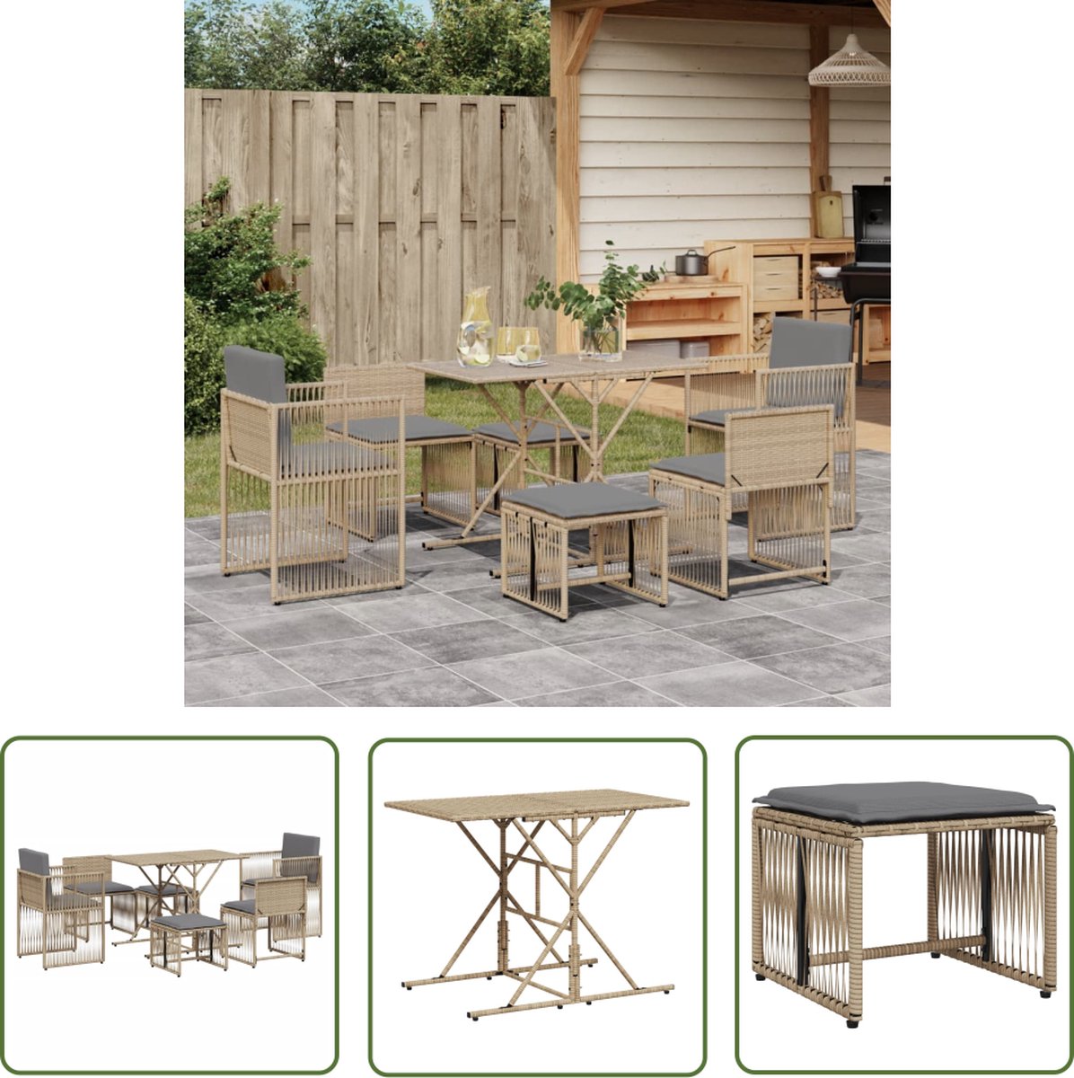 The Living Store 7-delige Tuinset met kussens poly rattan beige - Tuinset - Buitendecoratie - Lounge Set - Eetkamerset - Patio Furniture