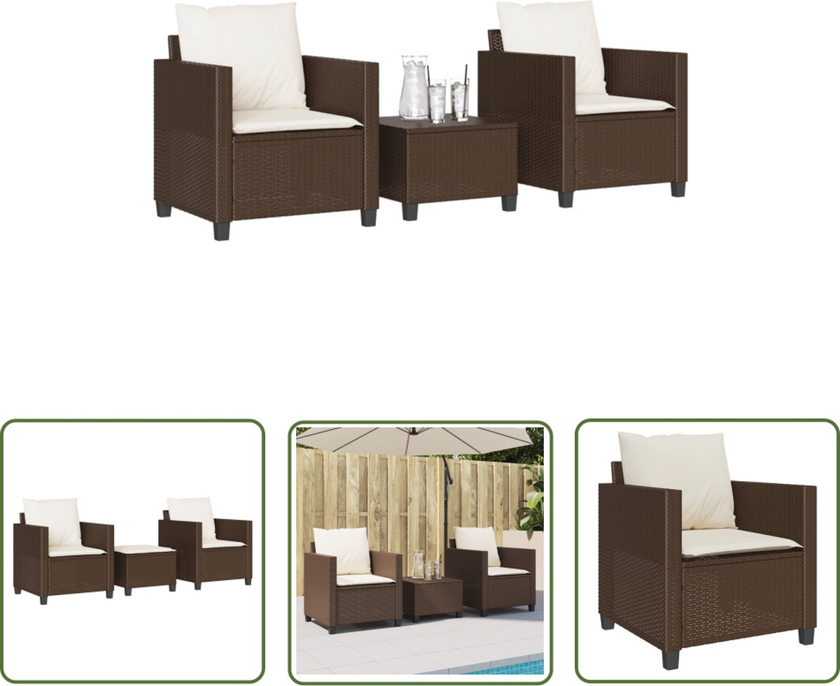 The Living Store 3-delige Bistroset met kussens poly rattan bruin - Tuinmeubels - Bistroset - Buitendineren - Lounge Set - Patio Furniture