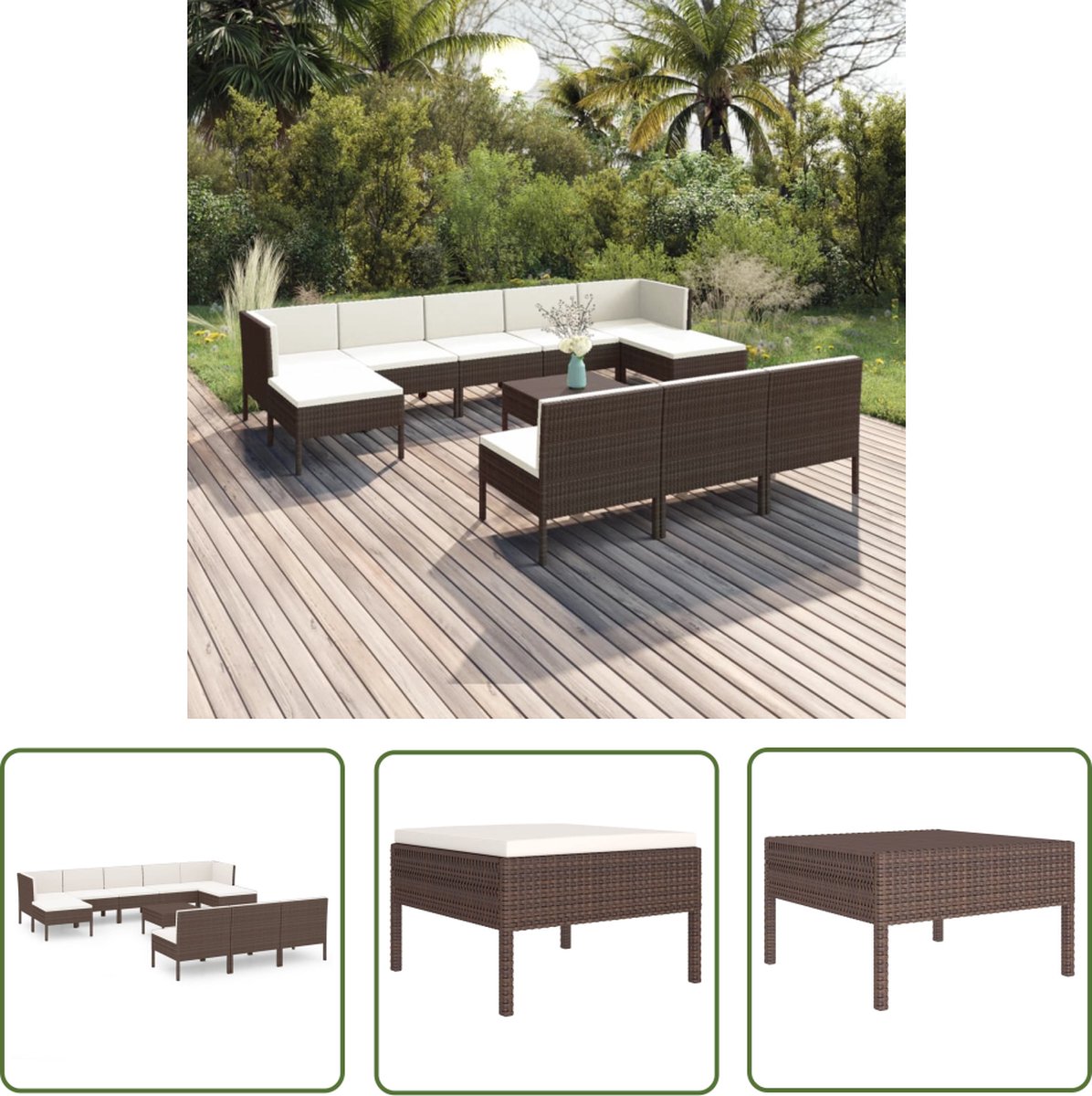 Bruine poly rattan loungeset met kussens voor buitenmeubilair.