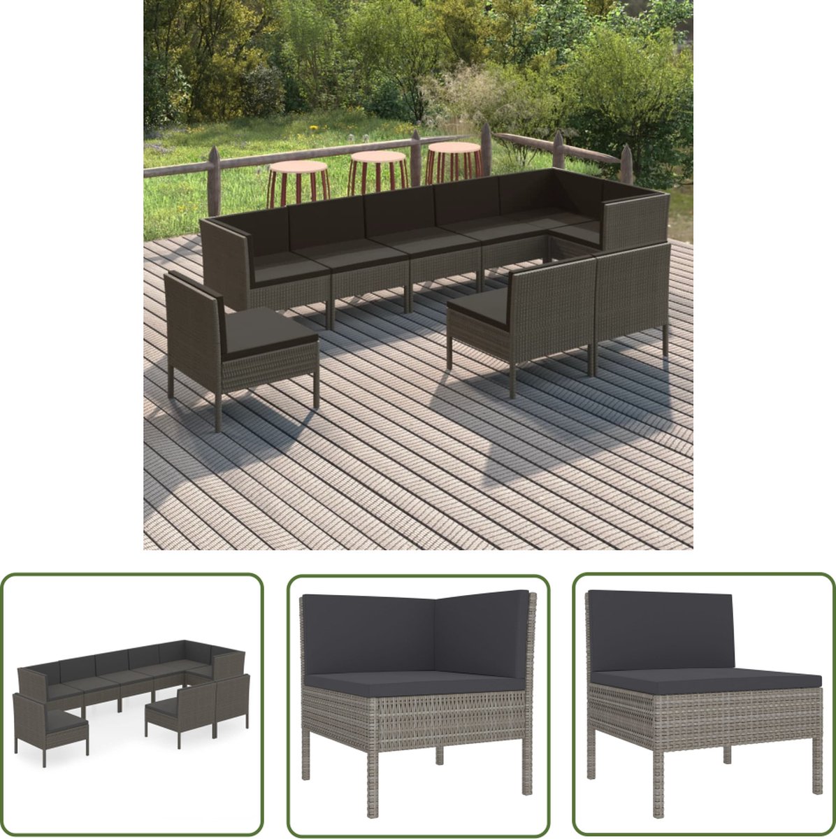 The Living Store 9-delige Loungeset met kussens poly rattan grijs - Loungestoel - Tuinset - Loungegroep - Buitendiner - Tuinlounge