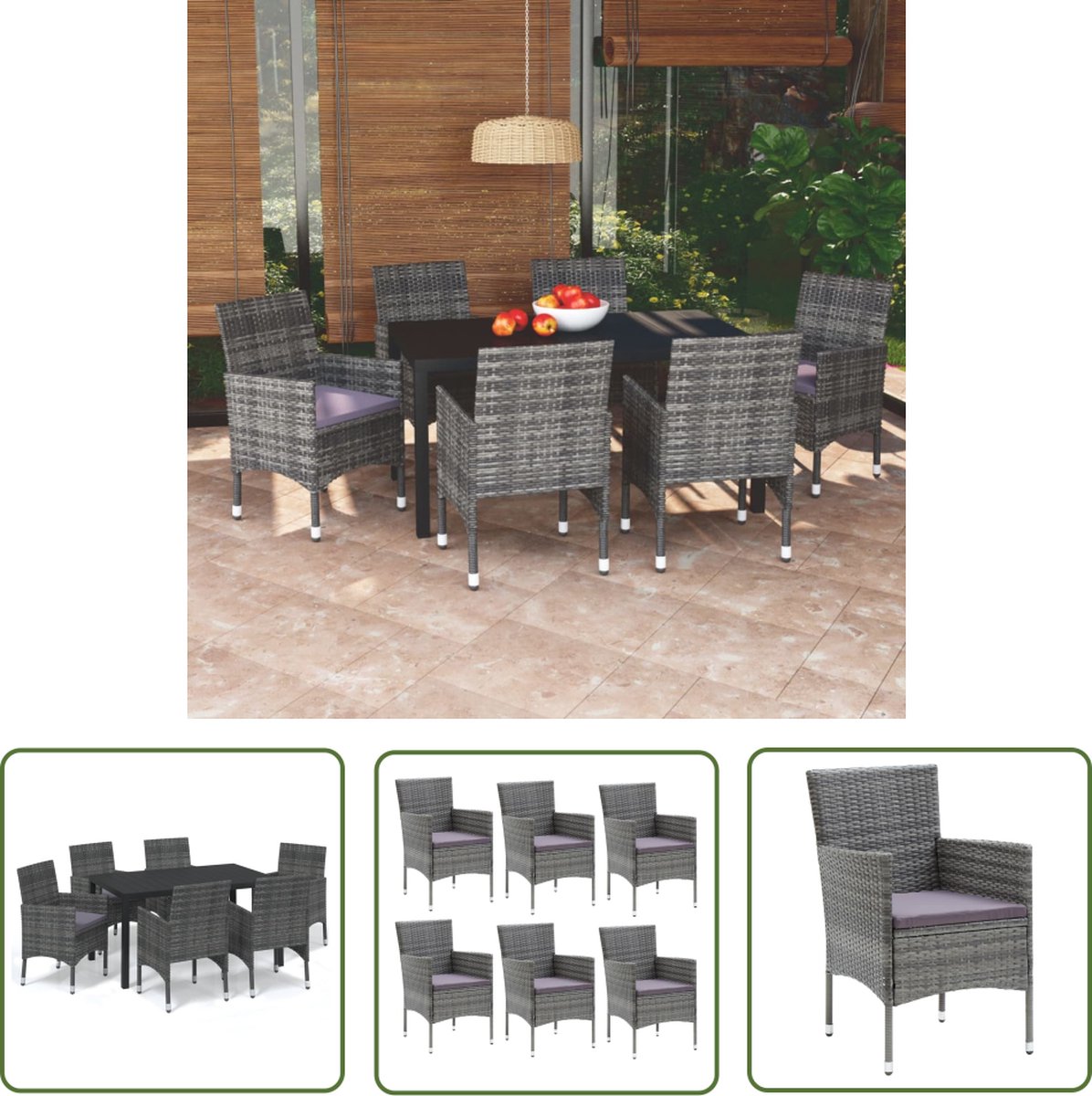 The Living Store 7-delige Tuinset met kussens poly rattan grijs - Tuinstoel - Tuinset - Lounge Set - Buisjestafels - Outdoor Furniture