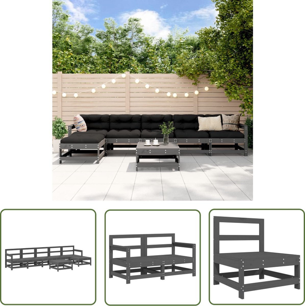 Grijze massief grenenhouten loungeset van The Living Store - Tuinmeubilair met loungebank.