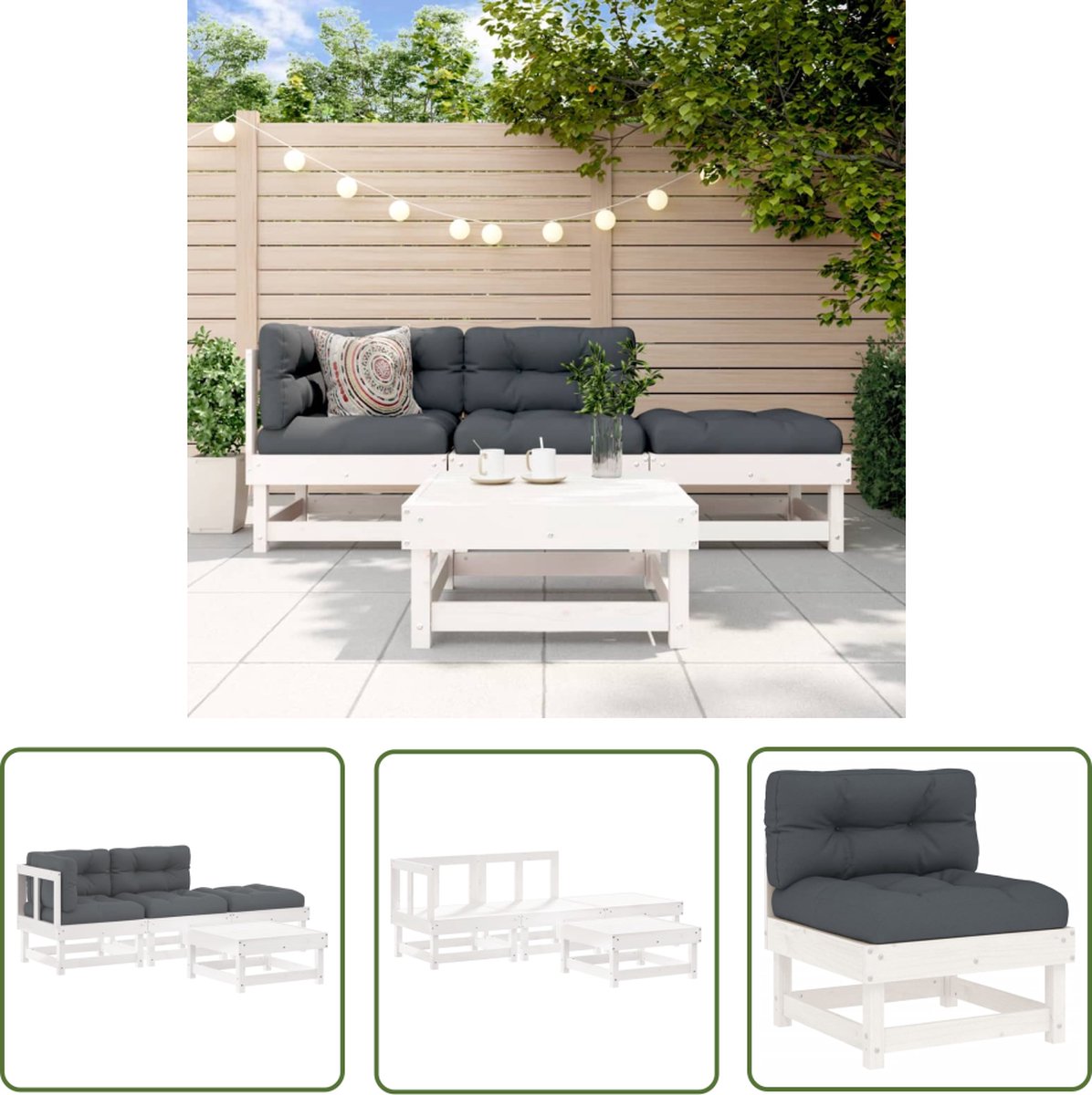 The Living Store 4-delige Loungeset met kussens massief hout wit - Loungeset - Tuinset - Lounge Bank - Garden Furniture - Hout