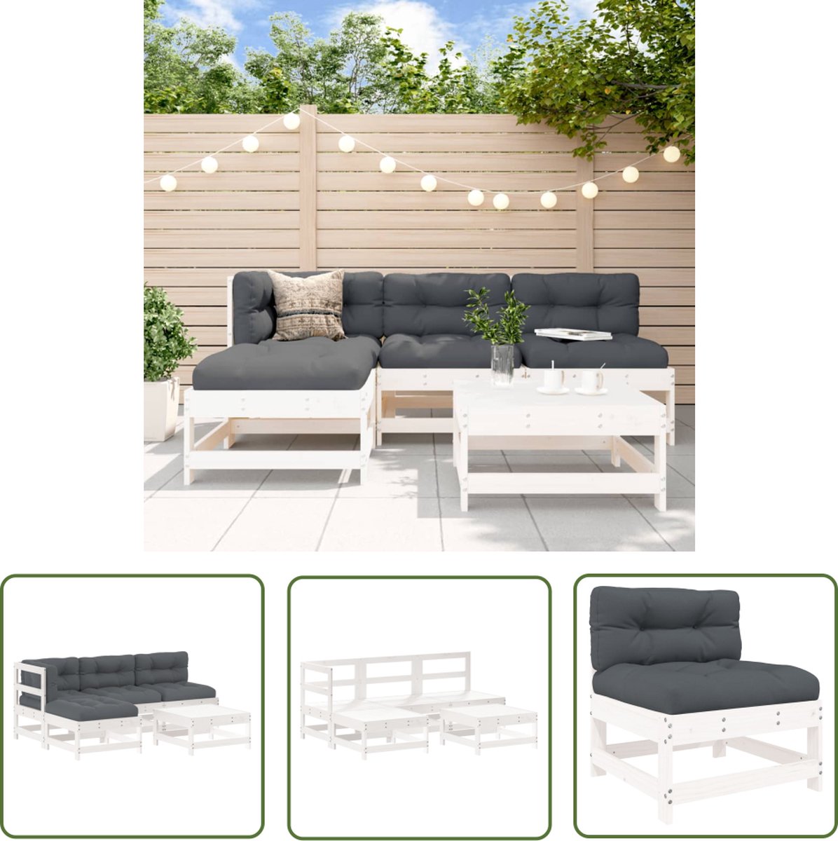 The Living Store 5-delige Loungeset met kussens massief hout wit - Loungeset - Tuinset - Lounge Bank - Buitenmeubilair - Hout