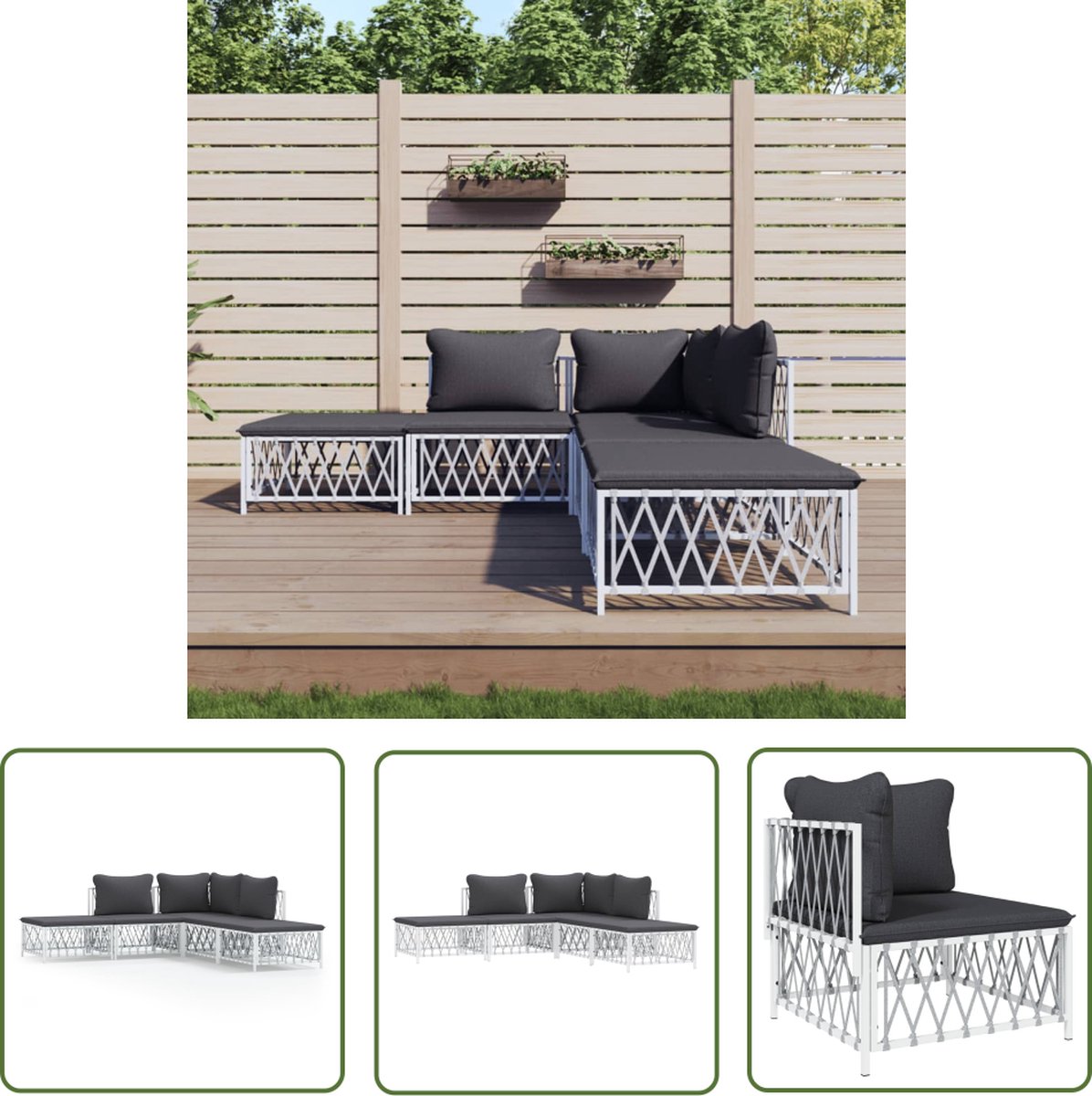 The Living Store 5-delige witte loungeset met kussens - Tuinmeubel met stalen frame