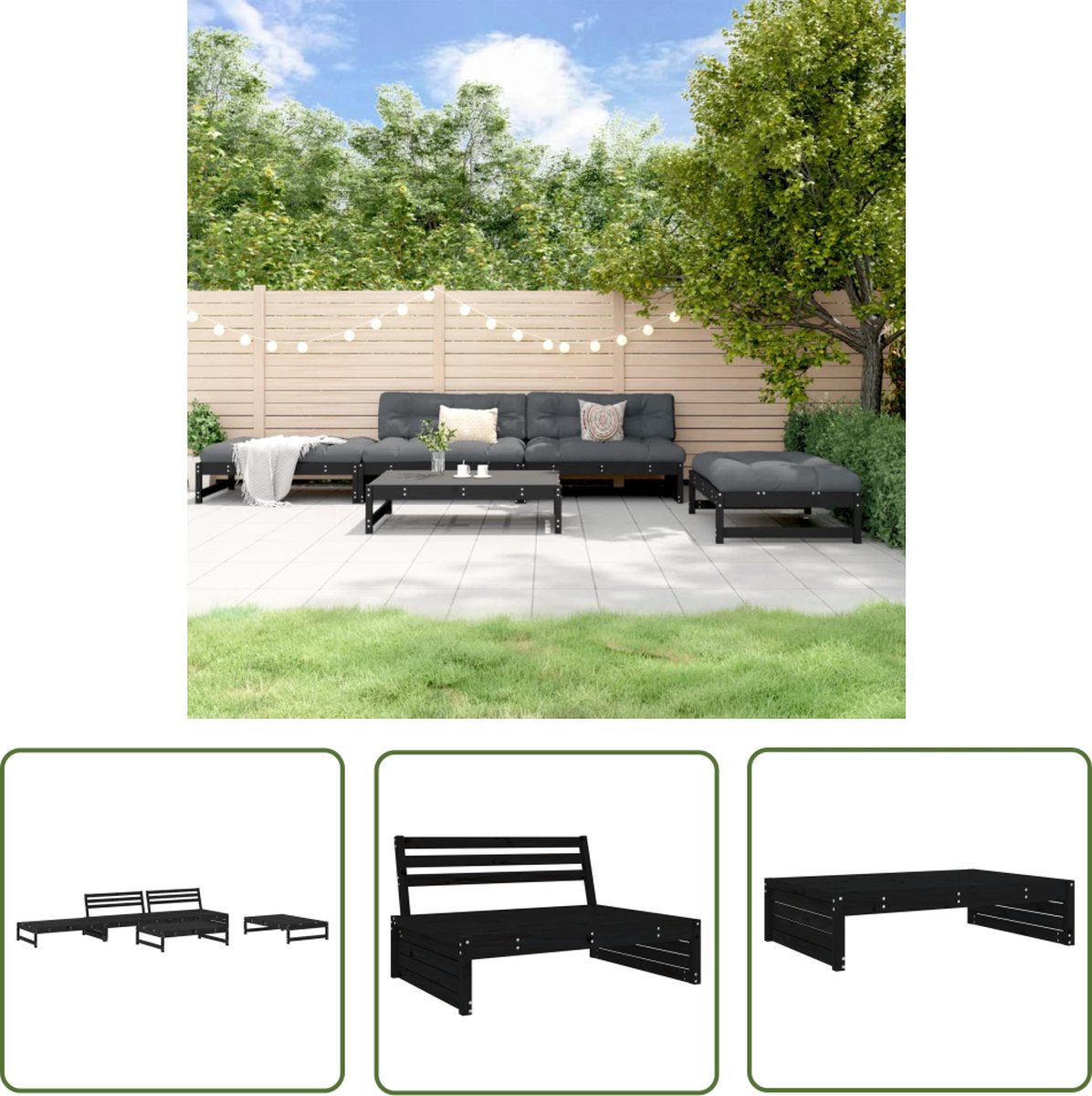 The Living Store 5-delige Loungeset massief grenenhout zwart - Loungeset - Tuinset - Hout - Grenenhout - Lounge Bank