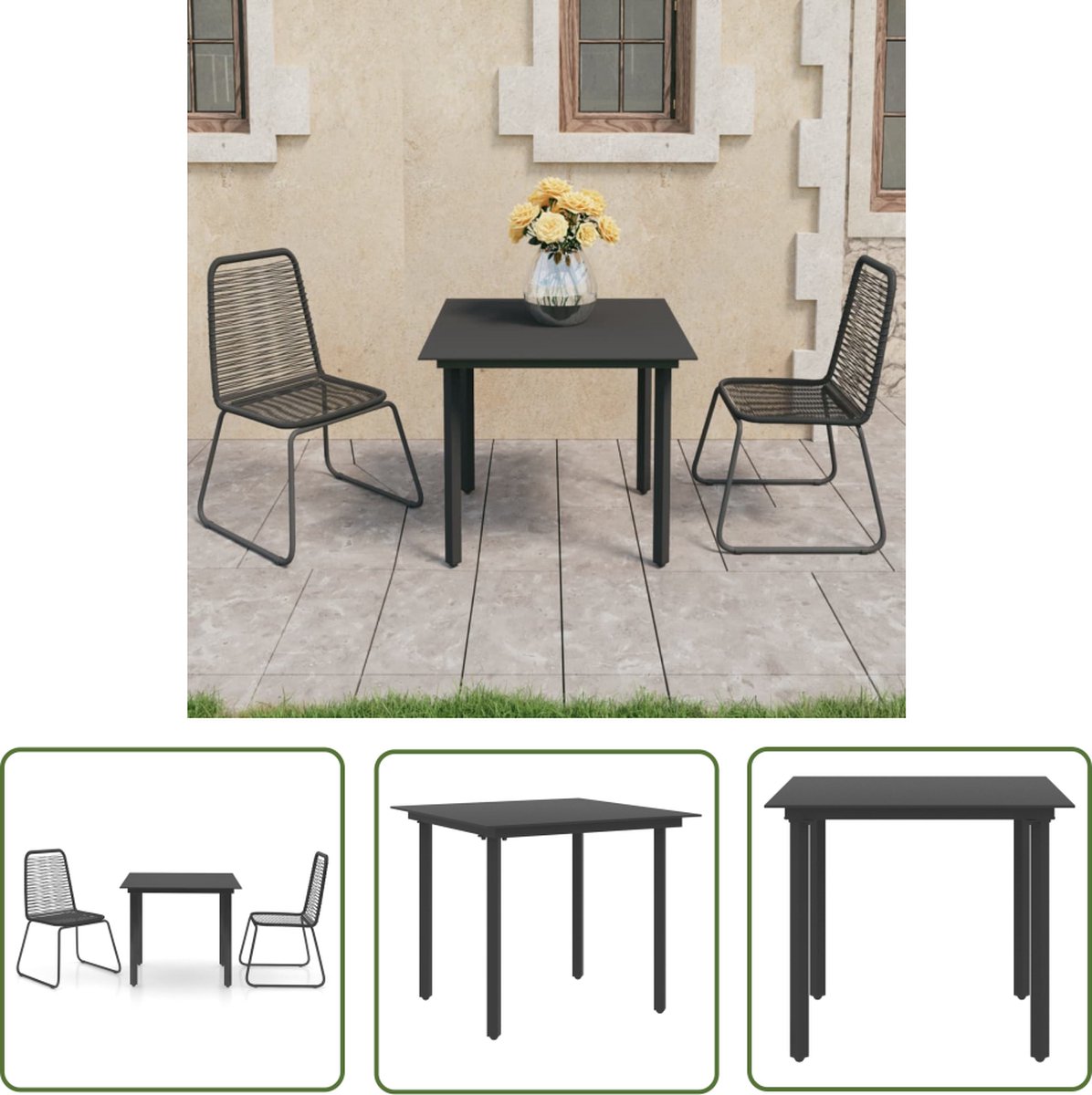 Zwarte PVC-rattan tuinset met eettafel en stoelen - The Living Store.
