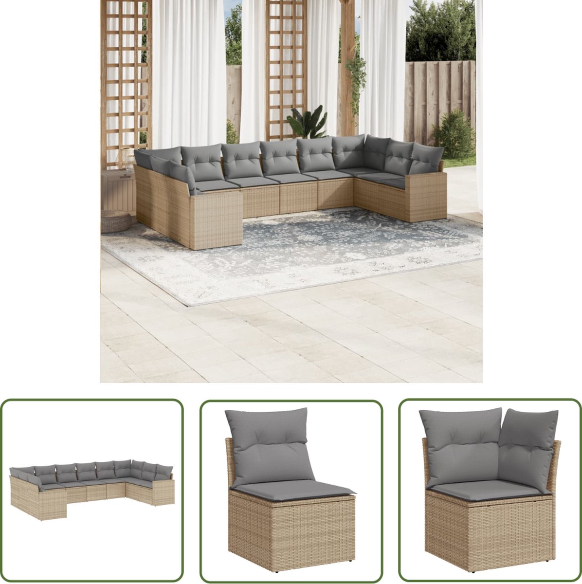 The Living Store 10-delige Loungeset met kussens poly rattan beige - Loungeset - Tuinset - Tuinmeubels - Lounge Set - Outdoor Furniture