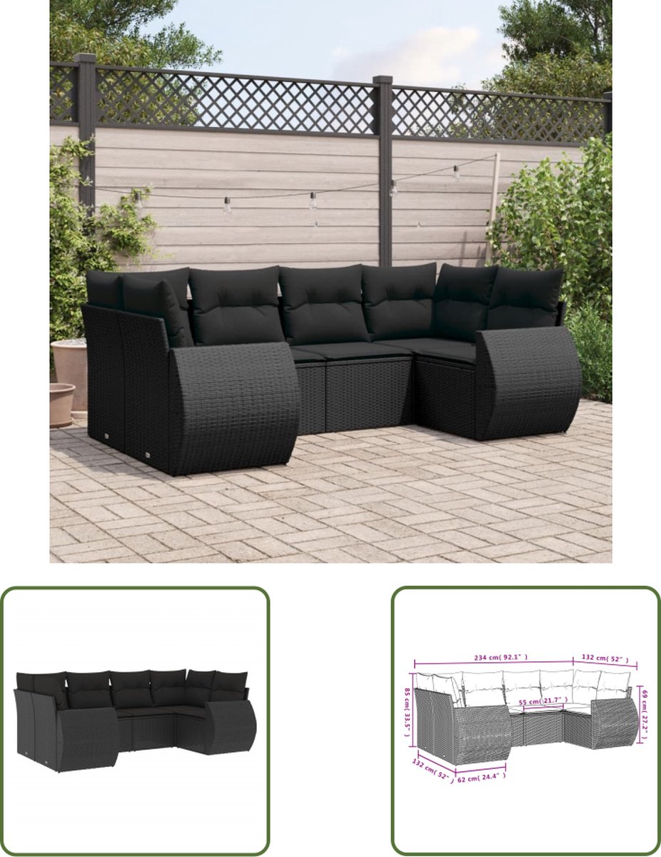 The Living Store 6-delige Loungeset met kussens poly rattan zwart - Loungebank - Lounge Set - Tuinset - Buitendecoratie - Tuinbank