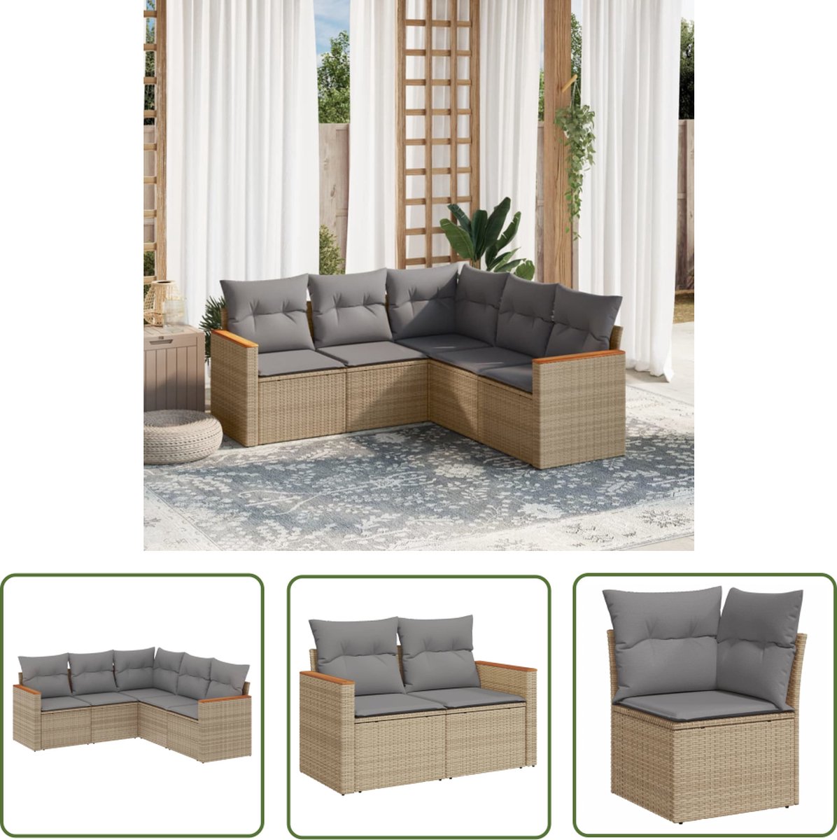 The Living Store 5-delige Loungeset met kussens poly rattan gemengd beige - Loungeset - Tuinset - Lounge - Buitendecoratie - Garden Furniture