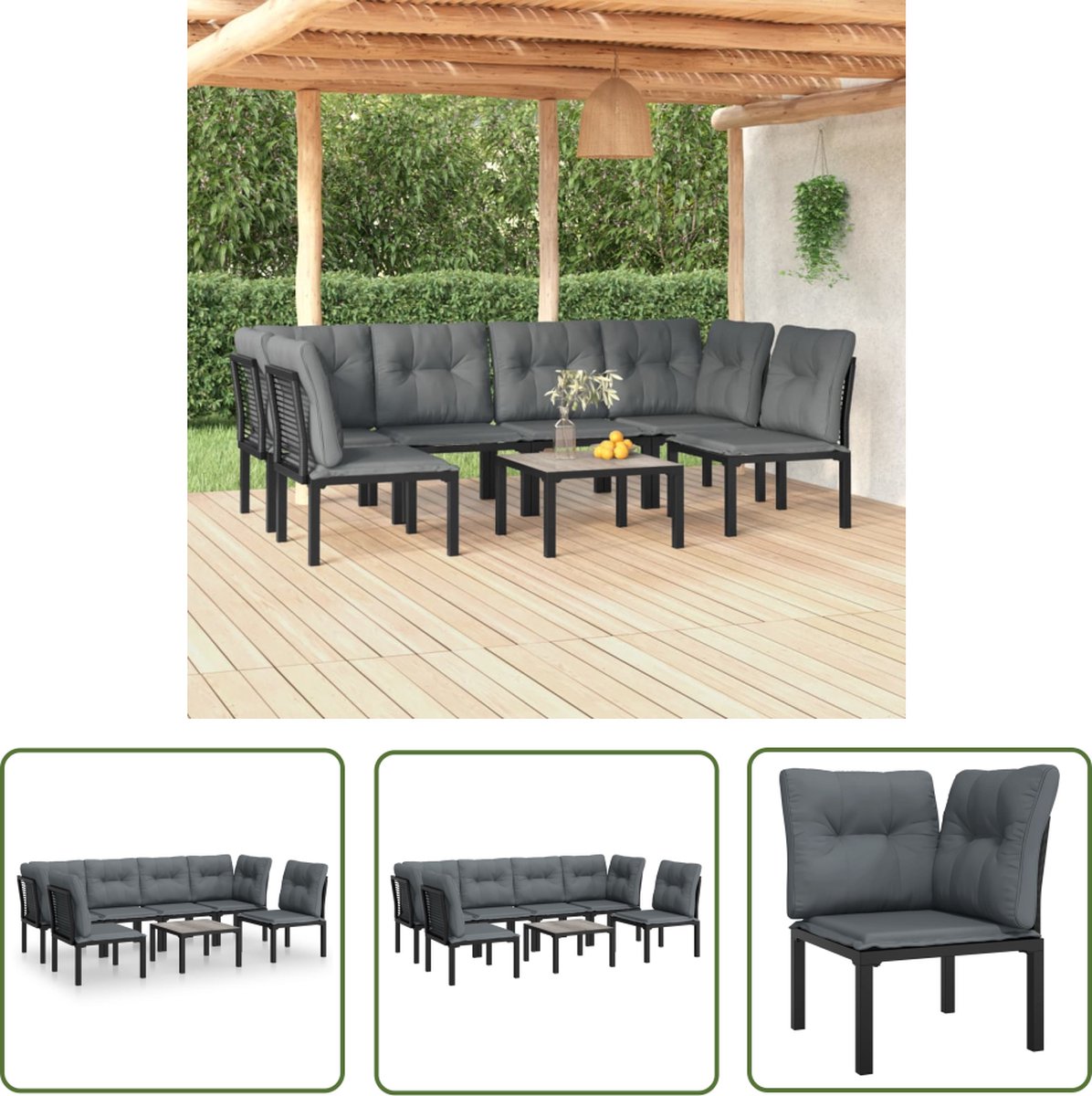 Zwart en grijs poly rattan loungeset voor tuin of terras.