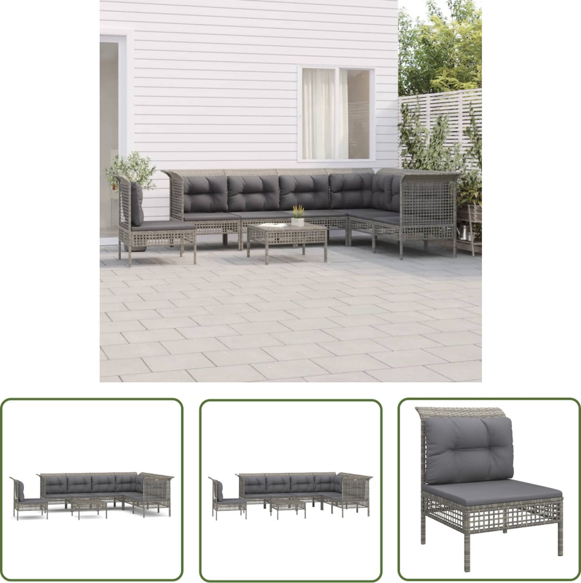 The Living Store 8-delige Loungeset met kussens poly rattan grijs - Loungeset - Tuinset - Lounge Set - Hoekbank - Bankje