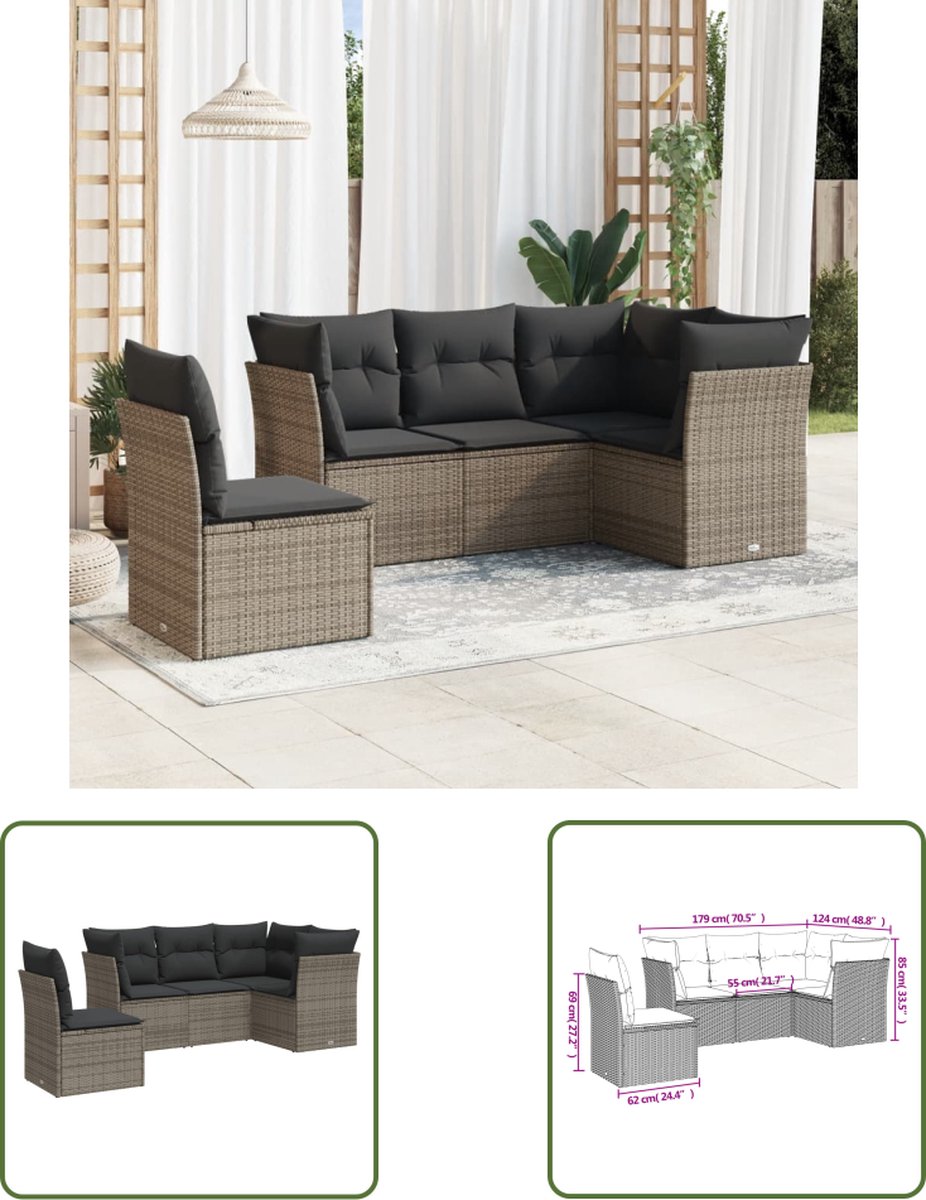 The Living Store 5-delige Loungeset met kussens poly rattan grijs - Loungeset - Tuinset - Tuinmeubels - Lounge Set - Outdoor Furniture