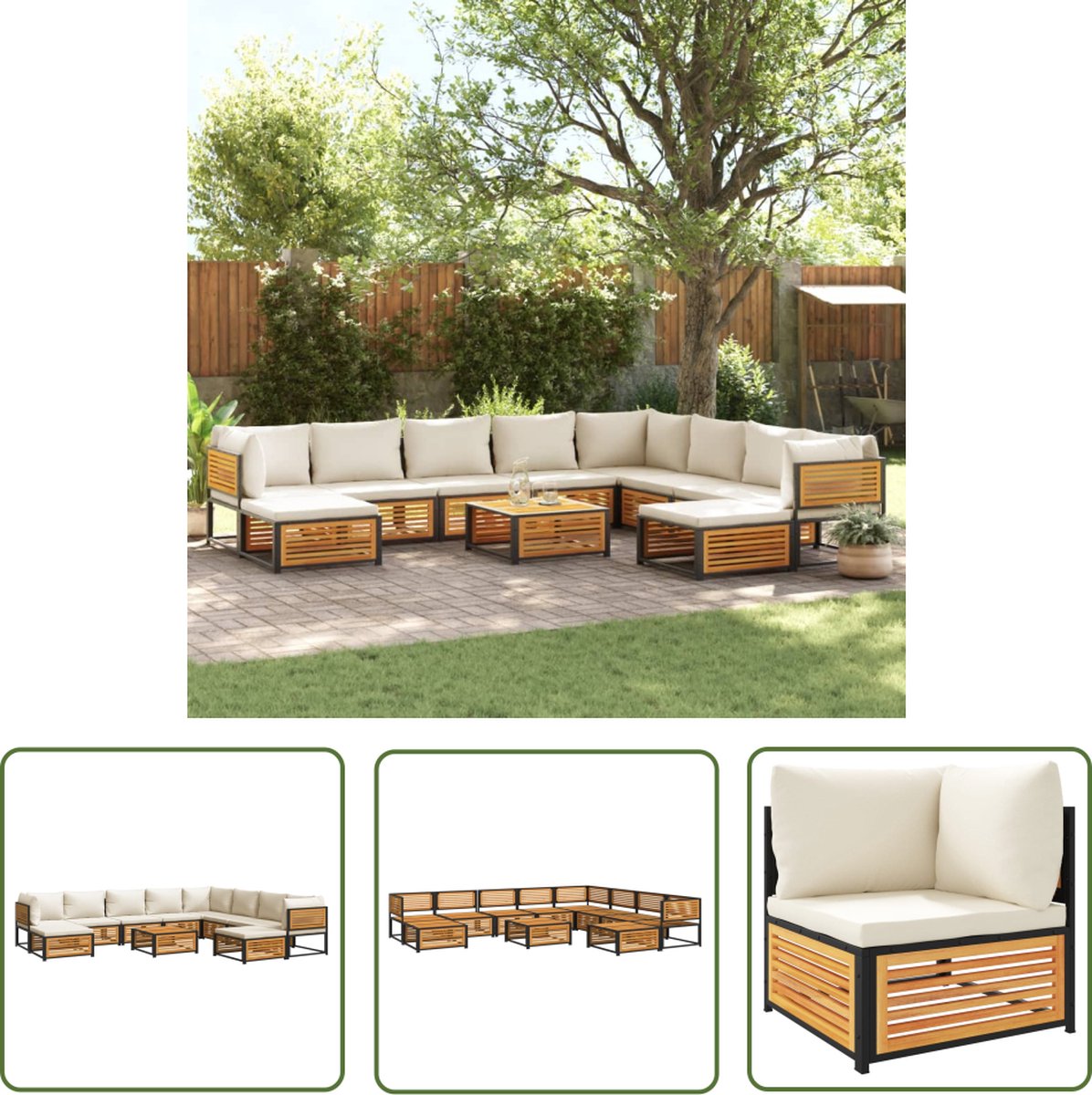 The Living Store 11-delige Tuinbankstel met kussens massief acaciahout - Loungebank - Acacia Hout - Tuinstoel - Buitendecoratie - Lounge Set