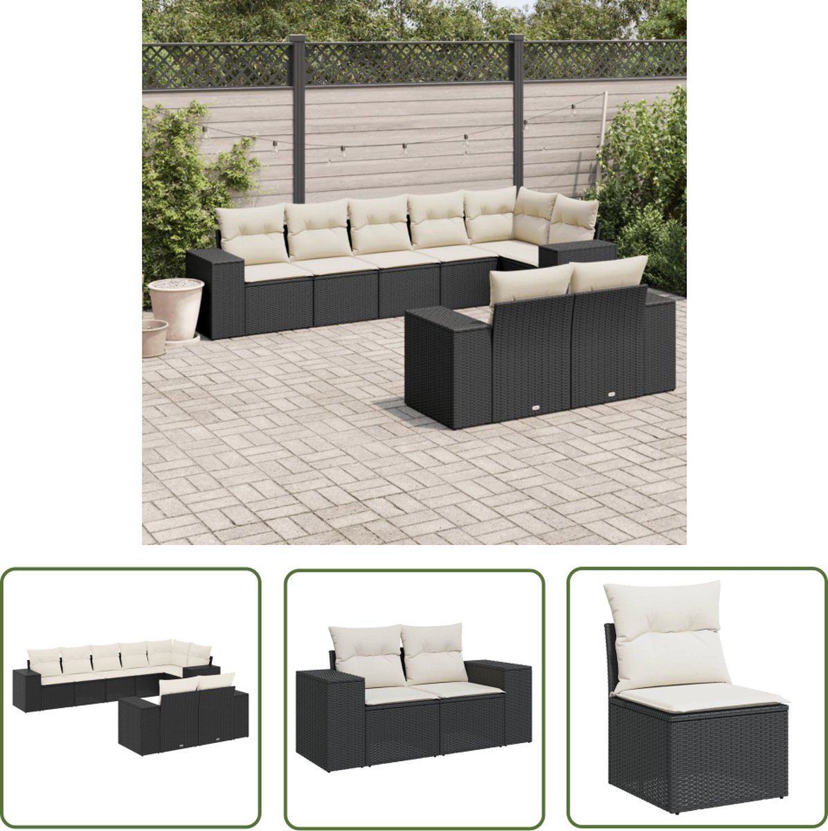 The Living Store 8-delige Loungeset met kussens poly rattan zwart - Loungeset - Tuinset - Lounge - Buitendecoratie - Tuinmeubels