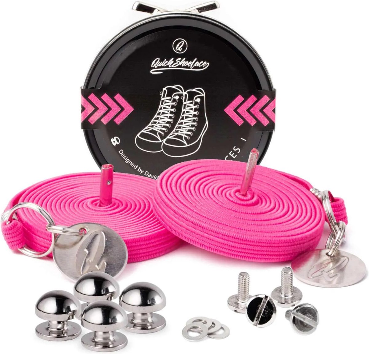 Quick shoelaces - Met één hand veters strikken - NEON Pink - Schoenveter met fixatie spikes - Neon Rose