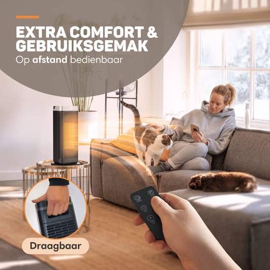 Vulpes Goods® Tech - Elektrische Kachel - Ventilatorkachel - Keramische Kachel - 4 Standen - 2000W - Timer, Afstandsbediening & Thermostaat - Heater - Elektrische Verwarming voor Binnen - Zwart