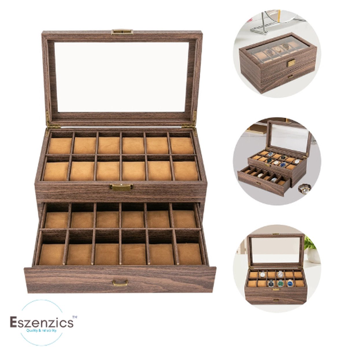 Eszenzics™ Luxe Horlogebox Premium - Opbergdoos voor 24 horloges - Opbergbox - Elegante afwerking - Hout kleur - 34x21x15cm - 2-laags - Zachte kussens