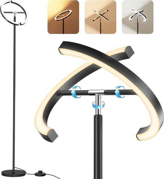Zwarte Metalen Staande lamp met Gouden PVC Lampenkap - Moderne