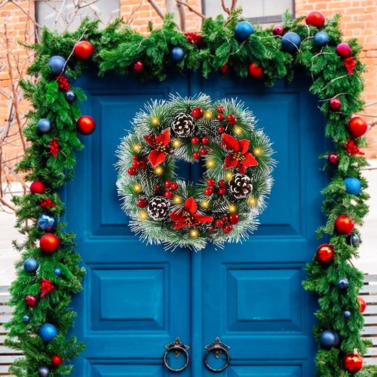 Couronne De Noël 30cm Avec Pommes De Pin, Baies Rouges Et Flocons - Décoration Festive Intérieur Extérieur