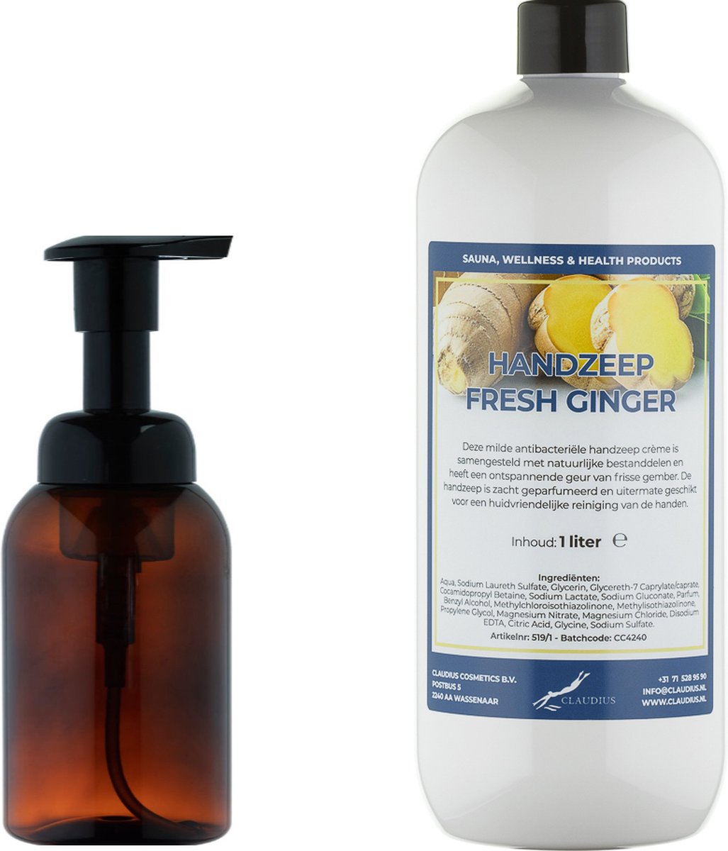 Goedkoopste Zeepdispenser 300 ml amber bruin hervulbaar 1 liter Handzeep Fresh Ginger navulling