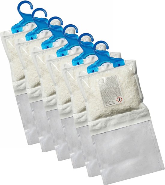 Ensemble de six absorbants d'humidité Alpina avec cintres, chacun rempli de granulés blancs.