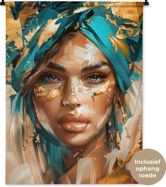 Wandkleed 90x120 cm - Wanddoek Vrouw - Portret - Goud - Luxe - Blauw - Wandtapijt - Wandkleden