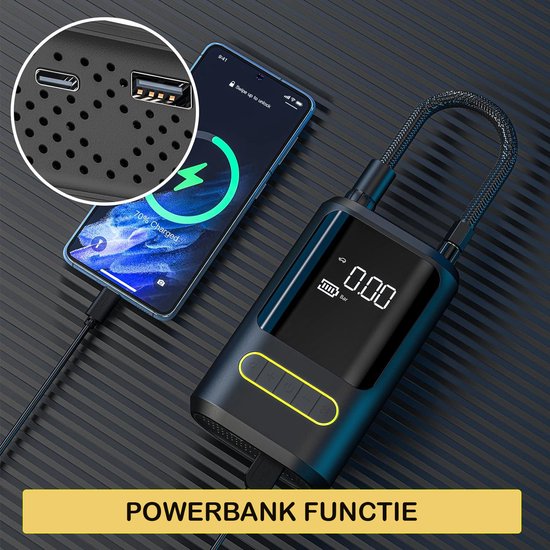 JC's® Elektrische bandenpomp - Elektrische fietspomp - POWERBANK - Scooter/Motor/Auto/Fiets - Autobanden Pomp - Luchtpomp - Bandenpomp - 4200 mAh - Tot wel 10.3 Bar - USB Oplaadbaar - Inclusief 4 Opzetstukken van JC's — afbeelding 4