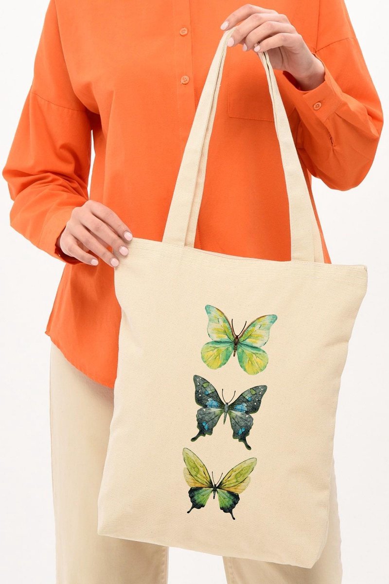 Kwube Dames Tassen - Shopper - Naturel Katoen - Groene Vlinder Design Met Rits - 35x40 cm - Katoenen Schoudertas - Boodschappentas - Linnen Tas - Green Butterfly Natural Cotton Tote Bag With Zipper - Cadeau Voor Haar