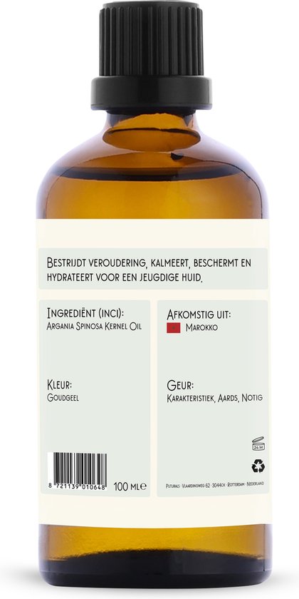 Bruine fles met zwarte dop, etiket met "Arganolie", "Ingrediënt: Argania Spinosa Kernel Oil", "Afkomstig uit: Marokko", "Kleur: Goudgeel", "Geur: Karakteristiek, Aards, Notig"