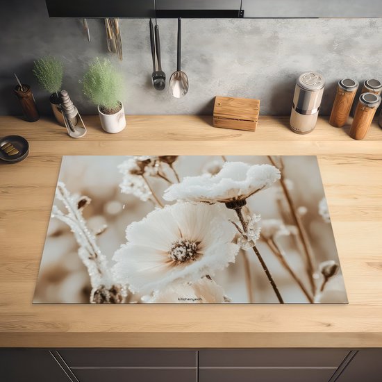KitchenYeah® Protection plaque induction 77x51 cm - Fleurs - Beige - Hiver - Protege plaque de cuisson - Couvre plaque induction - Protecteur d'induction - Cuisine