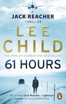 Boek "61 Hours" van Lee Child, thriller. Een man staat op een besneeuwde weg naar een auto.