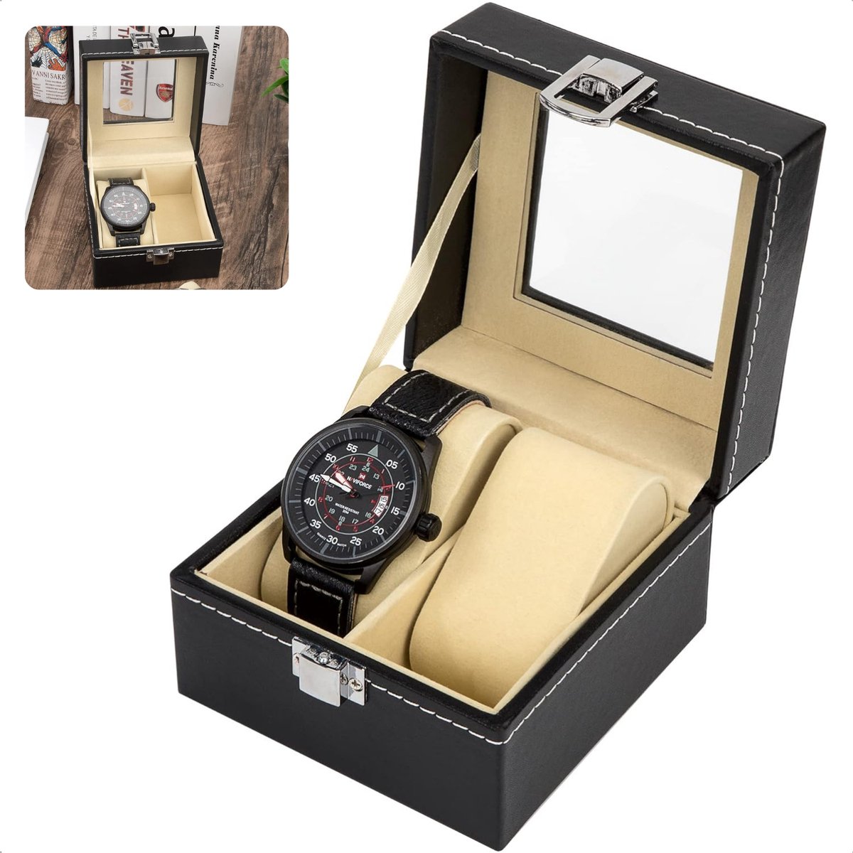 Horlogebox - Horlogedoos - Sieradendoos - Zwart - Luxe PU Kunstleer - Voor 2 Horloges - Met Venster - Inclusief EBOOK
