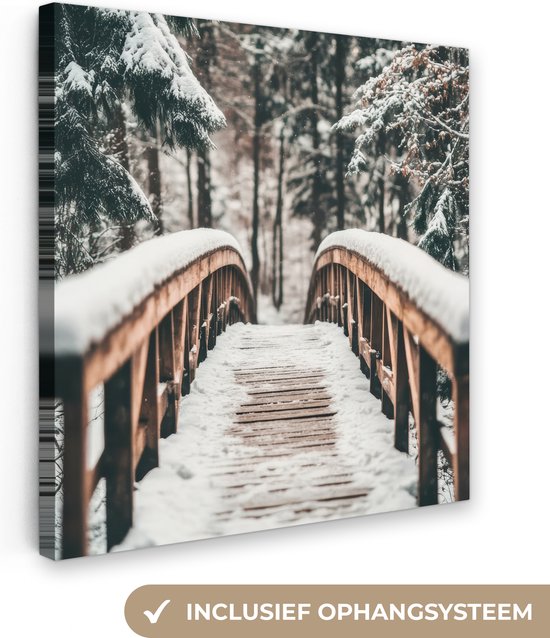 Canvas schilderij 20x20 cm - Wanddecoratie Brug - Winterlandschap - Bos - Natuur - Sneeuw - Muurdecoratie woonkamer - Slaapkamer decoratie - Kamer accessoires - Schilderijen op canvas